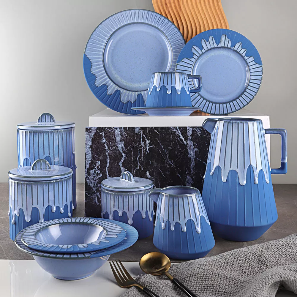 Conjunto de tigela de cerâmica ritmo azul